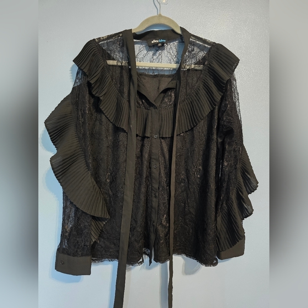 Alice Blue Ruffle Lace Tie- Neck Blouse Black Size 2X